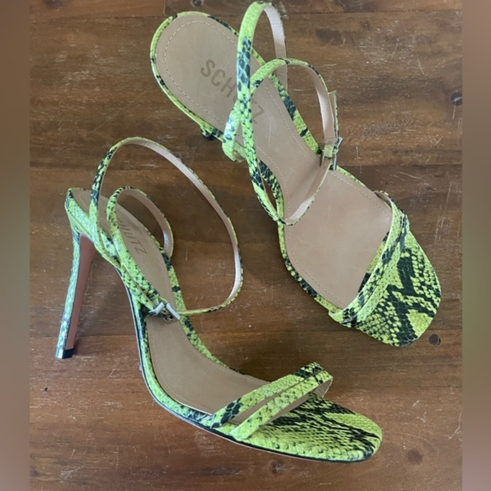 SCHUTZ Altina Neon Yellow Snake Skin Ankle Wrap Sandals Size 9